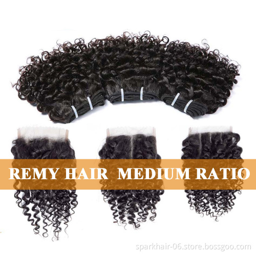 SPARK Wholesale Pixie Cut Kinky Curly Hair Bundles with 4*4 Lace Closure Indian Remy Human Hair Extensions Natural Black Color